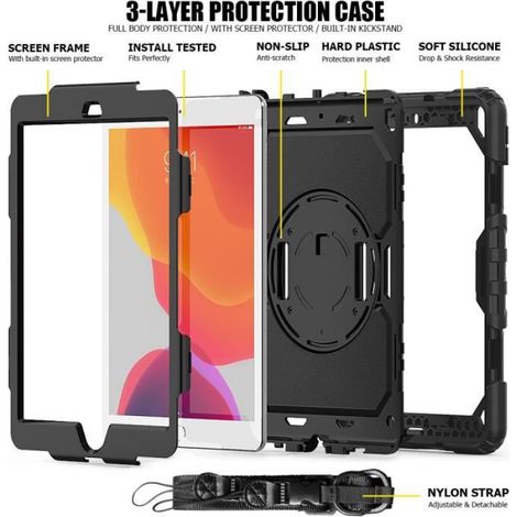 Coque iPad 10.2 - Support Rotatif 360° - Bandoulière et Poignée Intégrées - Fente Stylo - Protection Antichoc Renforcée - Noir - 1 Pièce (1/4)