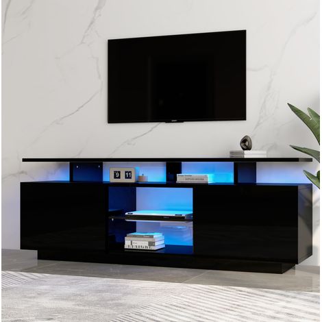 Mueble TV de 140 cm con LED, 2 puertas, 5 nichos abiertos, negro HAVRYA (1/5)