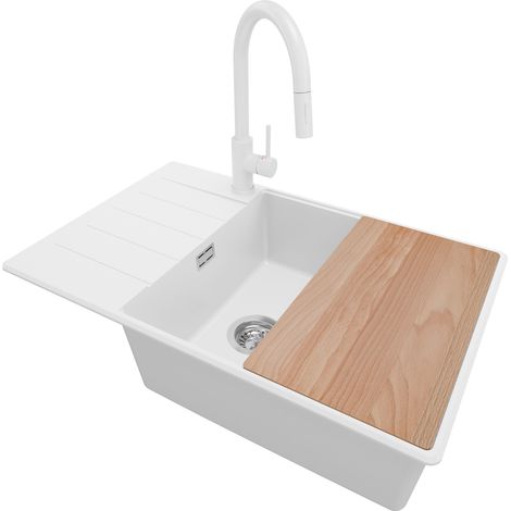 PRIMAGRAN Evier Cuisine en Granit 78x50cm, Lavabo 1 bac + Robinet 40x20cm + Kit de Vidage + Accessoire, Évier à Encastrer au meuble 60cm - Copenhague, Blanc (1/5)