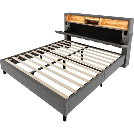 Letto Matrimoniale 140×200 cm con Testiera Contenitore, LED e Scomparti, senza Materasso, Grigio (1/4)