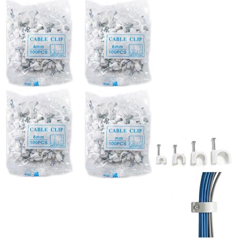 Lot de 400 clips de câble ronds avec clou en acier – 4 tailles 4/6/8/10 mm – attaches blanches pour fixation murale – câbles électriques, coaxial, Ethernet, haut-parleur et USB (1/5)