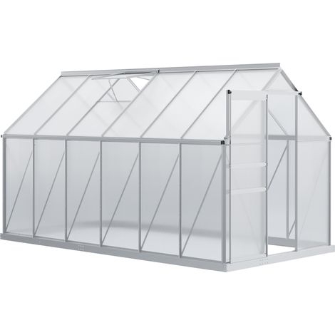 Serra in policarbonato e alluminio da 7,1 m² (375x190x199 cm), con base inclusa, porta scorrevole, grondaie resistenti ai raggi UV per piante e ortaggi.