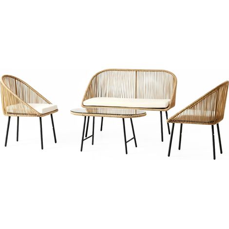 Conjunto de jardín de 4 plazas con mesa baja con efecto de mimbre natural RAVELLO