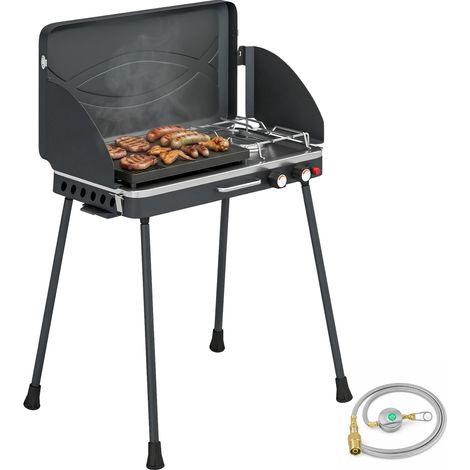 Outsunny barbacoa de gas portátil 2 en 1, barbacoa de gas propano 7 kw de mesa o de pie con patas desmontables, protectores de viento, negro