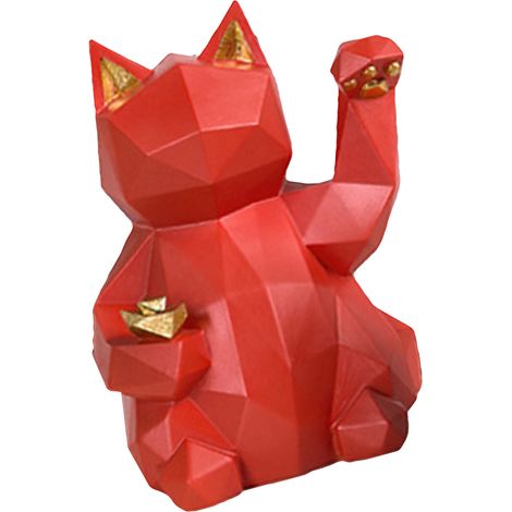 Figurine de chat porte-bonheur Maneki Neko rouge vif en résine écologique, style géométrique, pour table, bureau ou étagère. (1/5)