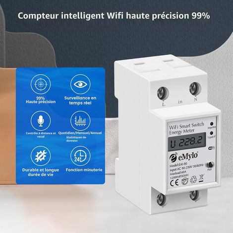 Smart WIFI compteur d'énergie, monophasé DIN Rail LCD Compteur numérique, compteur de consommation d'électricité, 60A 90-250V, Support Alexa Google Home APP Télécommande pour Maison, Appartement (1/4)