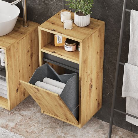 Mobiletto da bagno Viola, Artigiano/grigio, 38 x 80 cm con cesto portabiancheria, Vicco