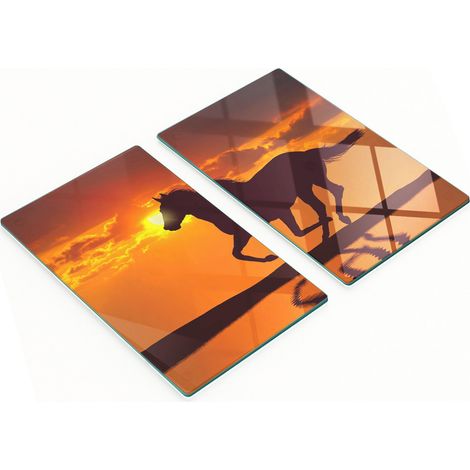 Juego de dos tablas de cocina decorativas de cristal con dise帽o de caballo y sol, 2x30x52 cm.