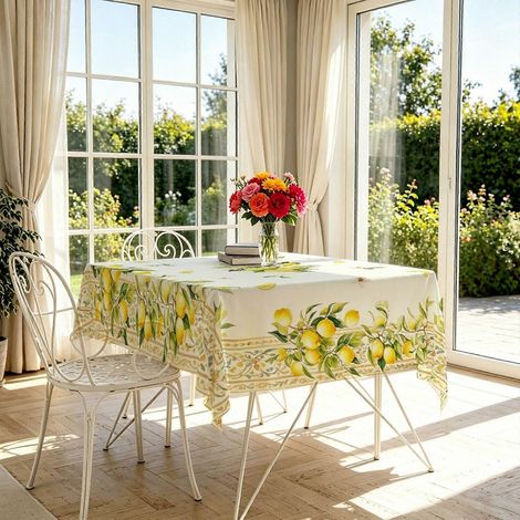 Nappe blanche éclatante à imprimé citron vif, nappe de salle à manger à thème agrumes, résistante et infroissable, idéale pour les repas de famille pendant les fêtes. (1/4)