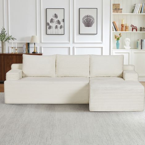 OKWISH L-förmiges Ecksofa aus beigem Cordstoff, tiefe Sitzfläche, montagefrei, modular (1/5)