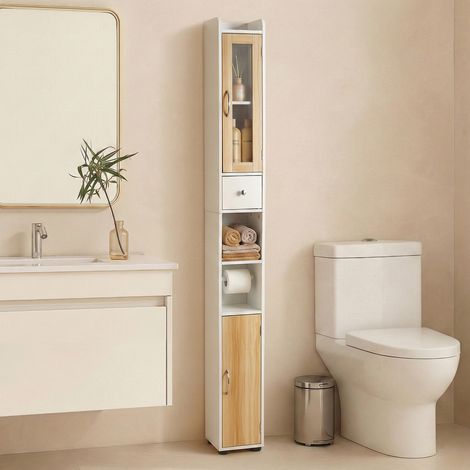Todeco Badezimmerschrank, Badschrank schmal hoch, 20x20x180cm, mit Schubladen Fächern verstellbaren Ablagen Türen en Verre, Weiß