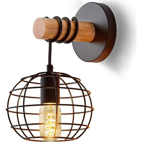 Applique murale d'intérieur, lampe murale vintage, noire, lampe ronde rétro de style industriel en fer et bois, douille E27, pour cage d'escalier, couloir, café, bar, restaurant, hôtel, chambre, salon (1/5)