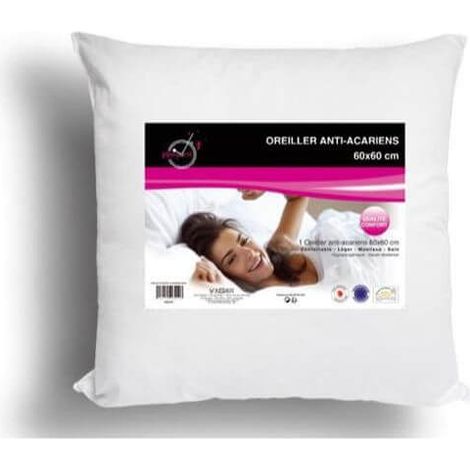 Soleil D Ocre – Oreiller carré confort anti-acarien 60x60 cm – Haute résilience – Enveloppe microfibre 100% – Lavable en machine – Certification Oeko-Tex