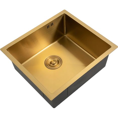 Fregadero de acero inoxidable, estilo lujoso y ligero, diseño de cubeta cuadrada, color dorado. (1/2)