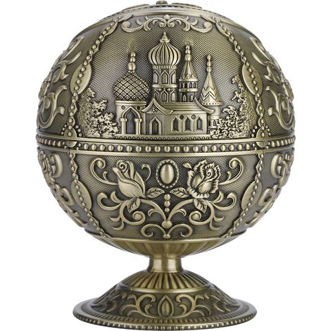 Cendrier artisanal vintage en métal, rond, à motif estampé (laiton antique) (1/5)