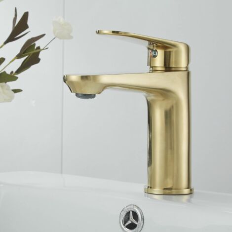 Einhand-Waschtischarmatur für Badezimmer, moderner Einloch-Waschtischarmatur aus massivem Messing, Keramikkartusche, gebürstetes Gold (1/5)