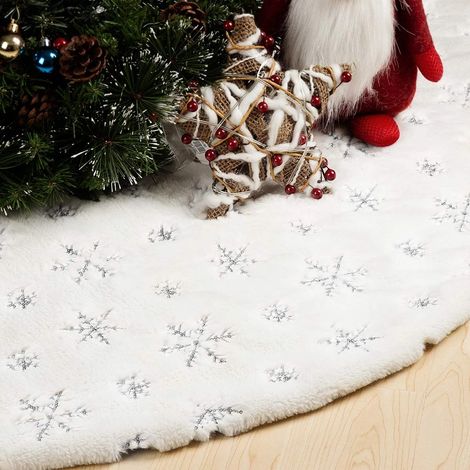 Tapis de sapin de Noël de 122 cm (48 pouces), tapis de sapin de Noël blanc et argenté, tapis de sapin de Noël en fausse fourrure blanc neige pour décorations de Noël à la maison (Blanc/Argent) (1/5)
