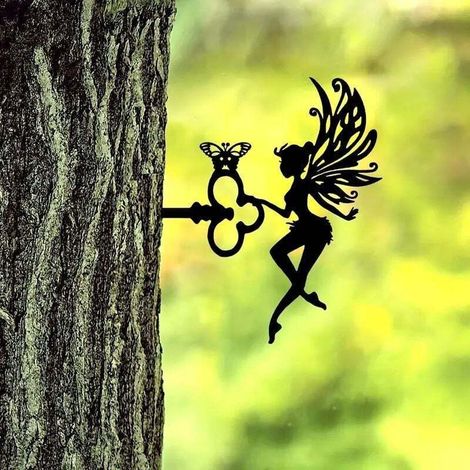 Silhouettes de jardin féériques, décoration de clé de jardin en fer noir, artisanat décoratif en métal pour intérieur ou extérieur, maison, cour, patio, pelouse (1/4)