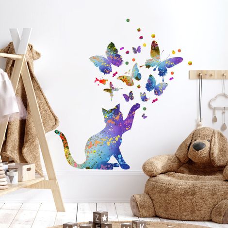 Lntyq Stickers Muraux Enfants Stickers Muraux Chat Papillon Autocollant Mural Papillon Chat Autocollant Muraux Animaux Stickers Muraux Pour Personnalité Maison Chambres Enfants Bébé Salon Pépinière