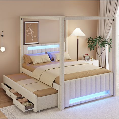 Lit baldaquin 140x200 cm en MDF et lin beige avec lit gigogne, sans matelas – MEUBLIV (1/5)