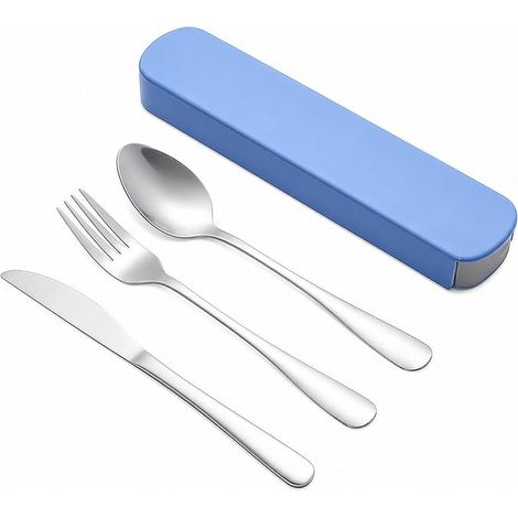 Set de Couverts Lunch Box Inox - Kit 3 Pièces avec Boîte de Rangement Bleue - Couvert de Voyage Portable Travail, Camping et Pique-Nique (1/5)