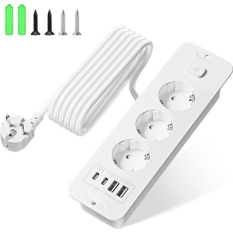Prise Encastrable - 1 Unité - Blanc - 7 Sorties Dont 4 USB - Pour Bureau Et Cuisine - Avec Interrupteur (1/5)