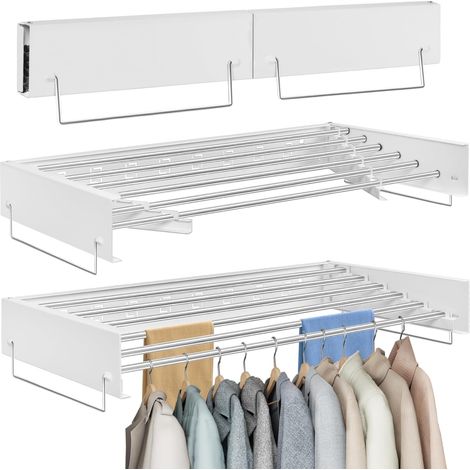 1 - Étendoir à linge mural - Séchoir pliable - 6 tiges rétractables en acier inoxydable - Pour intérieur et extérieur - Blanc - 100x40x10cm