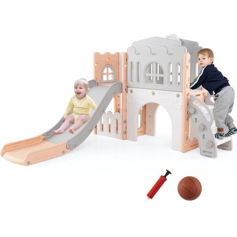 Scivolo per bambini 9 in 1 con canestro da basket e spazio di archiviazione, Scivolo da interno per bambini 1+ anni Grigio e rosa (1/3)