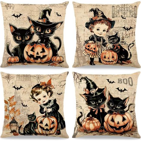 (Set mit 4) 45x45 cm, verziert mit Kürbis-, schwarzer Katze-, Fledermaus- und Burgmotiven, perfekt für Halloween-Partys. (1/4)