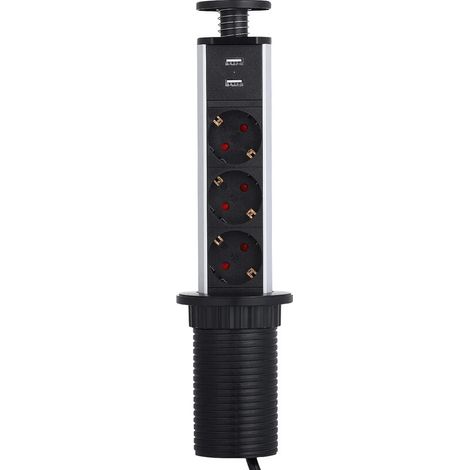 Multiprise Encastrable Bloc Prise Escamotable à la Norme Européenne - avec 3 Prises de Courant 2 USB Prises - Diamètre 60mm Câble 2 m - pour Cuisine ou Bureau (Noir + gris argenté)Lefou (1/5)