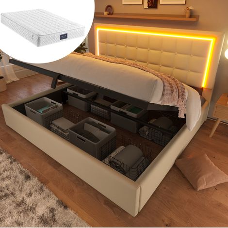 REDOM - Cama doble 140x200 cm con LED y almacenamiento hidráulico, PU blanco (Con colchón) (1/5)