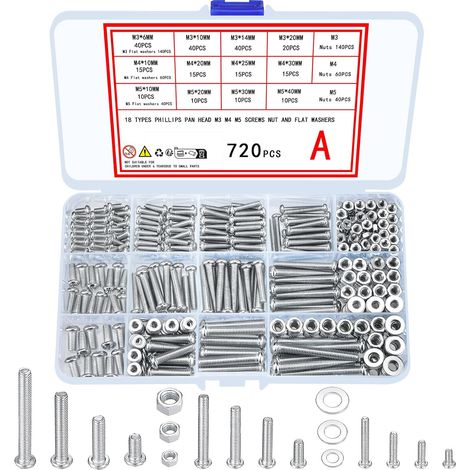 Assortiment 720 Pièces Vis Écrous Rondelles - Acier Galvanisé - Tête Cylindrique Cruciforme - Fixation Robuste Anti-corrosion - Bricolage Industrie Maison - Tailles M3 M4 M5 (1/5)