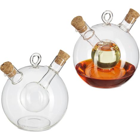 Relaxdays Oil and Vinegar Dispenser 2 in 1, Set of 2, Glass Bottle with Cork Stoppers, 375 / 50 ml Capacity, Transparent