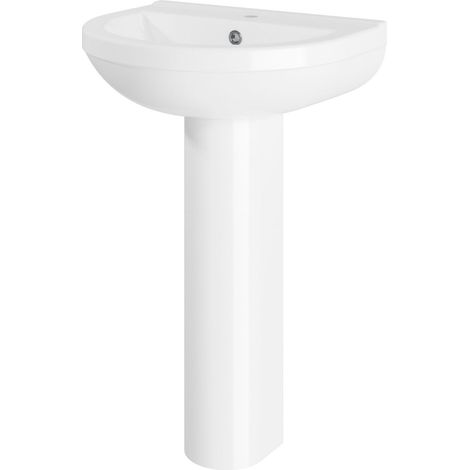 Sleek Modern White 550mm Round Bathroom 1 Tap Hole Basin & Pedestal