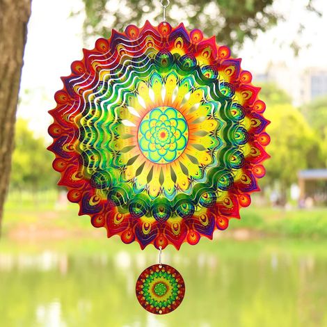 Moulin à vent 3D mandala 30,5 cm en acier inoxydable découpé au laser Mandalas Art Starburst Décoration d'intérieur ou d'extérieur
