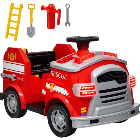 Camion de pompiers. Voiture électrique, pour enfants. max. 3 km/h. Sirène. Lumière bleue. Des outils. pour les enfants de 3 à 5 ans