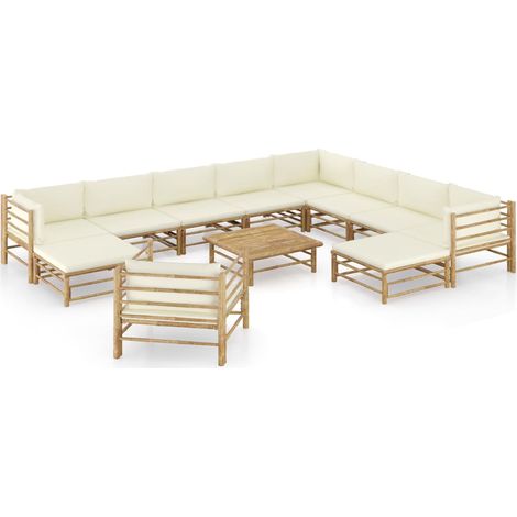 12-tlg. Garten-Lounge-Set mit Cremeweißen Kissen Bambus