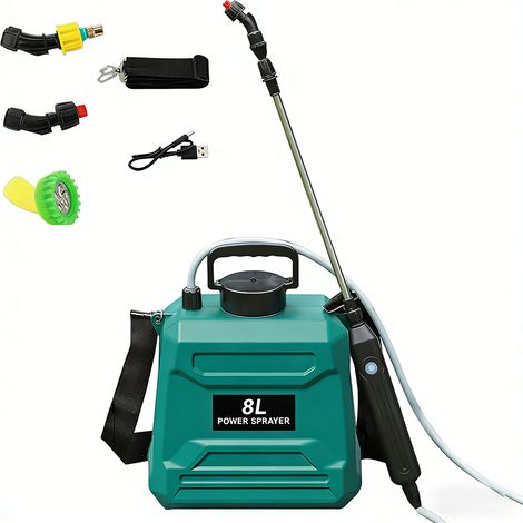 Spruzzatore elettrico con 3 ugelli nebulizzatori, Spruzzatore a spalla a batteria per annaffiare, pulire e disinfettare, 8 Litri (1/5)