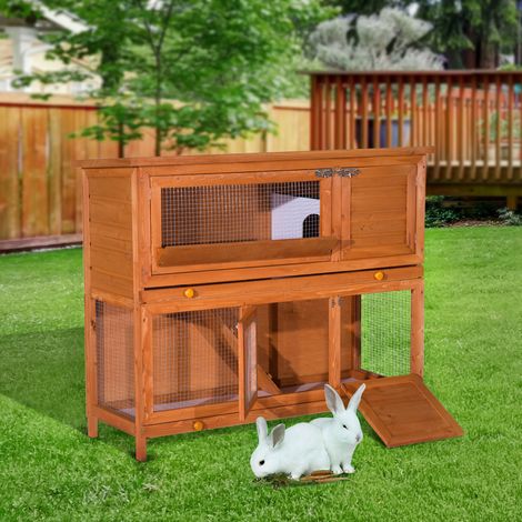 PawHut Cage à lapin poulailler clapier en bois de pin de grande taille avec 2 étages râtelier à foin toit ouvrant dim.120L x 48l x100H cm