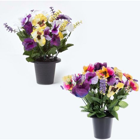 HOMESCAPES Set of 2 Purple & Yellow Pansy & Roses Artificial Flowers in Grave Vases (1/4)