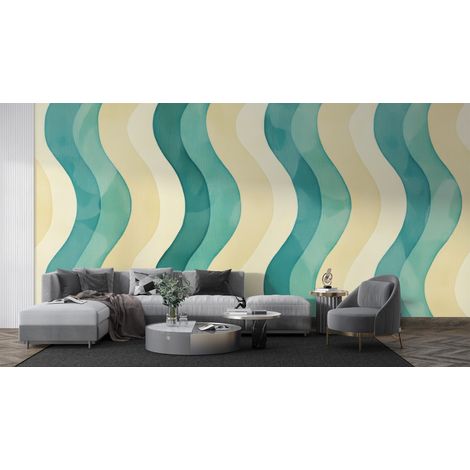 Papier peint rétro - vagues ondulées vertes - 150 x 250 cm (1/2)