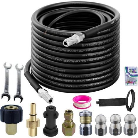 Kit Débouchage Canalisation 30M pour Nettoyeur Haute Pression 5800PSI, Tuyau Déboucheur Haute Pression avec Buse Rotative, 3 Buses Jet Égout, Ruban Étanche et Clés (1/5)