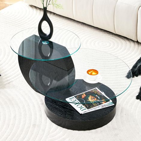Table basse minimaliste moderne – Deux niveaux verre de sécurité, finition grain de bois noir – Charme industriel et chaleureux (1/5)