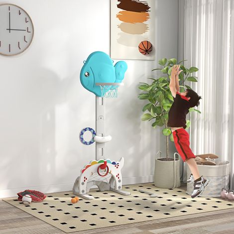 Panier de basket-ball adapté pour enfants 5 en 1 hauteur réglable but de football balle de golf lancer d'anneaux bleu et gris
