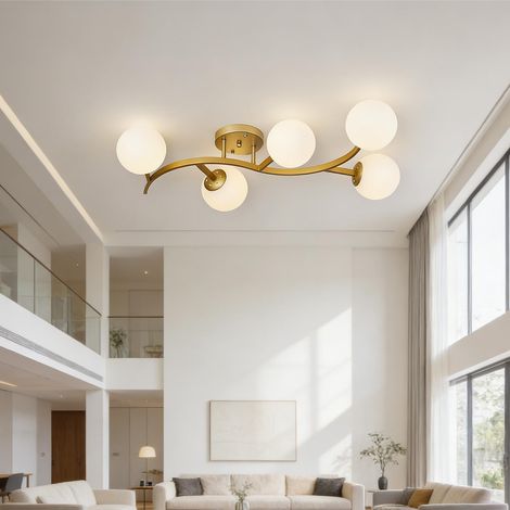Plafonnier moderne, lustre cinq têtes pour salon, encastré, éclairage LED décoratif, lumière tricolore, doré (1/5)