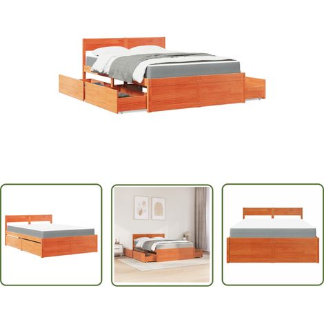 The Living Store Lit avec tiroirs/matelas cire marron 120x200 cm bois massif pin - Lit Double - Lit Coffre - Lit Avec Rangements - Lit Bois Massif - Lit Design (1/5)