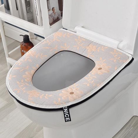Lot de 1 Housse de Lunette WC Imperméable Gris à Fleurs Gaufrées, Coussin Chauffant pour Siège de Toilettes Universel avec Fermeture Éclair, Adapté à la Plupart des WC (Sans Adhésif) (1/5)