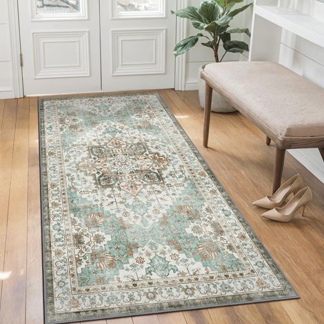Tapis Couloir Vintage 60x120cm Lavable en Machine AntidéRapant Poil Ras, pour Chambre Salle a Manger Descente de Lit Bureau, Cuisine, Turquoise Délavé (1/5)