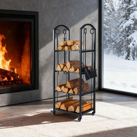 Support à Bûches Roulant à 4 Niveaux Porte-Bûches Intérieur et Extérieur sur Roulettes avec Pince Tisonnier Balai et Pelle Noir (1/5)