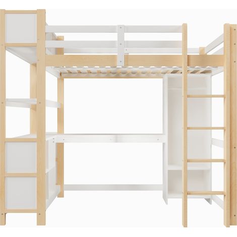 Letto a soppalco 140x200 cm con scrivania, scaffali e armadio, senza materasso, naturale (1/5)